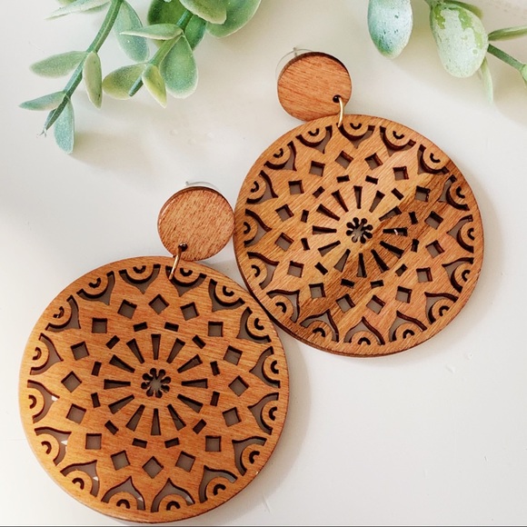 Wood Mandala Round Statement Earrings - Picture 5 of 7